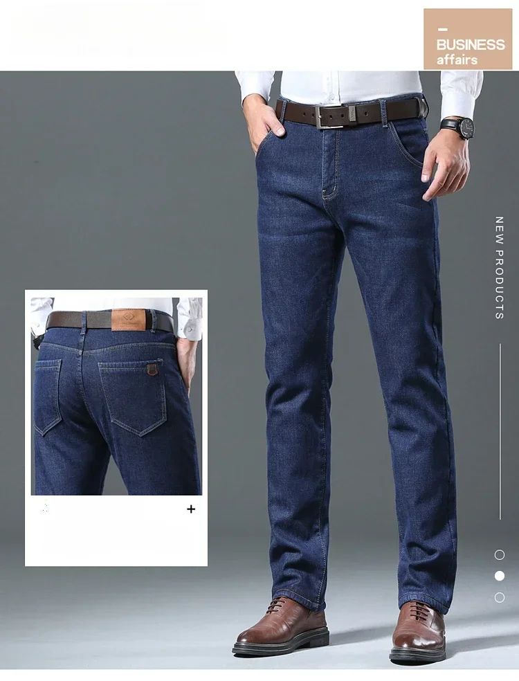 Calça Jeans Masculina de Inverno Forrada de Lã Grossa Sherpa Casual de Negócios Veludo Reta Masculina de Lã Pelúcia Clássica Elástica