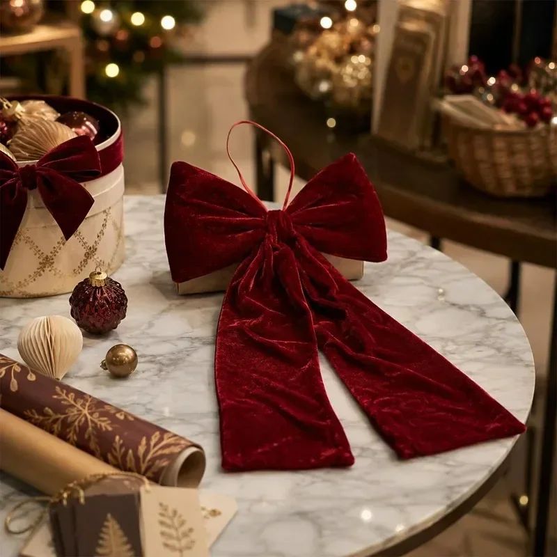 Large Size Bowknot Pendant Hanging Xmas Ornament DIY Home Party Christmas Tree Decorations Velvet Bow Burgundy Style Supplies
