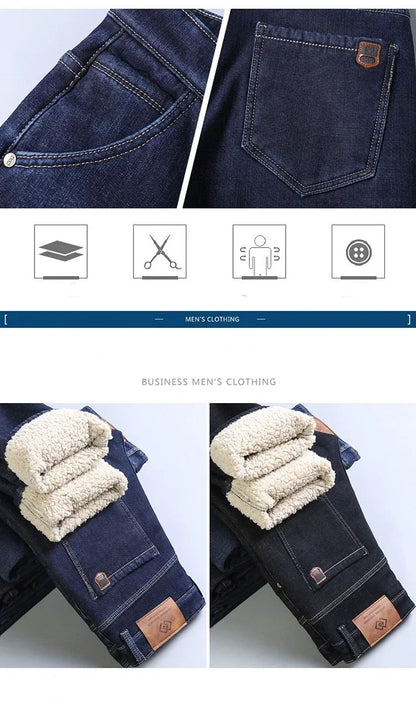 Calça Jeans Masculina de Inverno Forrada de Lã Grossa Sherpa Casual de Negócios Veludo Reta Masculina de Lã Pelúcia Clássica Elástica