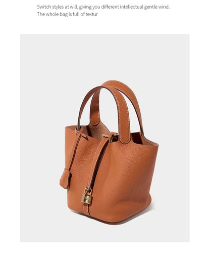 Genuine Leather Shoulder Bucket Bag Women Litchi Pattern Mini Basket Tote Soft Handbag Mommy Bride Wedding Bags with Lock