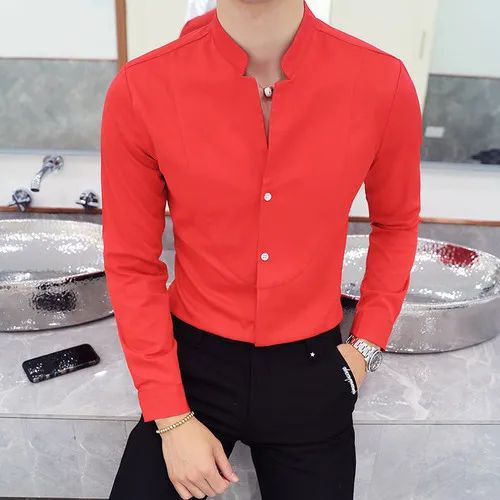Black Men Long Sleeve Shirt, White Single Breasted Collar Stretch Shirts, Red Fashion Slim Top,Asian Size M-5XL(Korean Slim Fit)