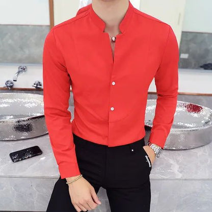 Black Men Long Sleeve Shirt, White Single Breasted Collar Stretch Shirts, Red Fashion Slim Top,Asian Size M-5XL(Korean Slim Fit)