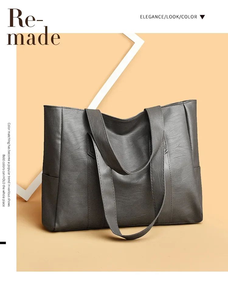 Female Big Soft Leather Satchel Bag Classic Solid Color Simple Casual Large Capacity Tote Single Shoulder Bag Purses and Handbag