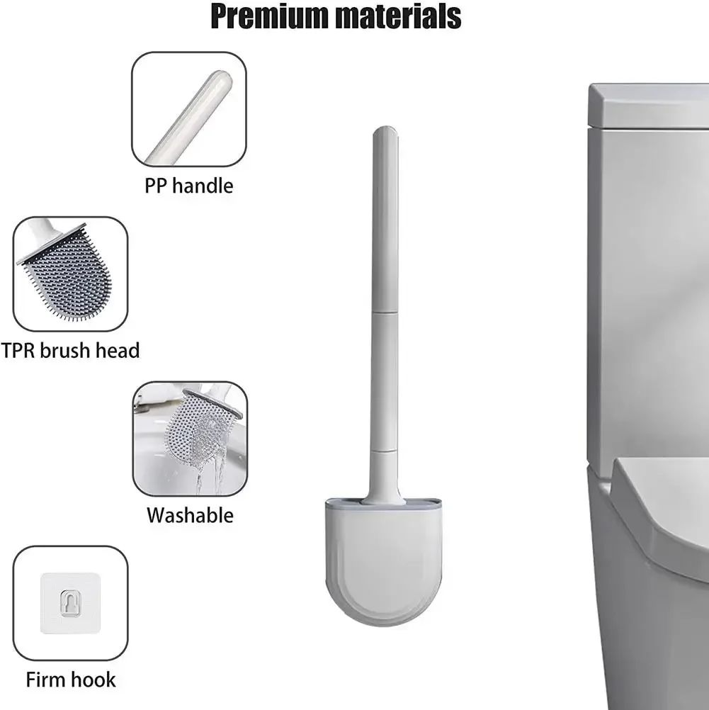 Wall-Mounted Silicone Toilet Brush Set-Easy-Install, Long-Handle,No Dead Corners,Efficient Cleaning,Portable Design with Holder