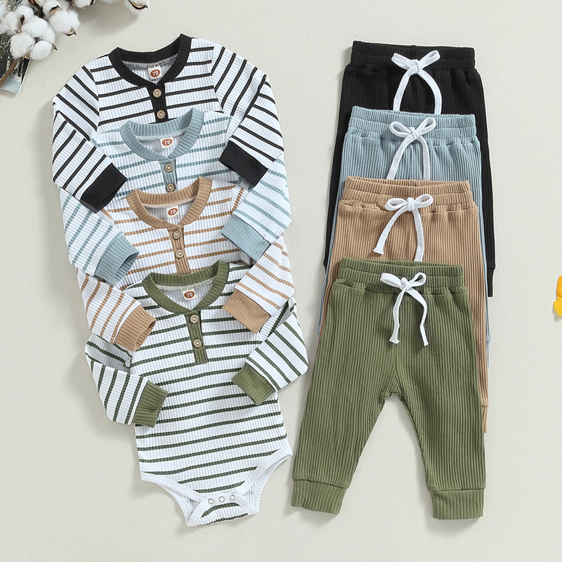 Newborn Baby Boys Girl Fall Winter Clothes Ribbed Knitted Long Sleeve Romper Solid Long Pants Cotton Infant Outfits
