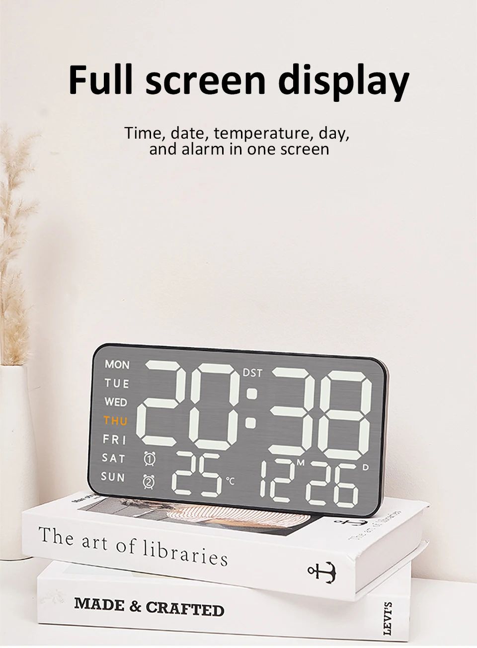 Mirror Brushed Finish Wall Clock Premium Feel Silent Wall Clock Table Alarm Clock Temp Display Bedroom Office Living Room Decor