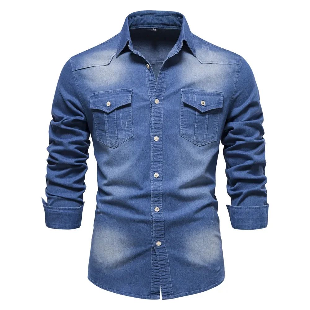 AIOPESON Elastic Cotton Denim Shirt Men Long Sleeve Quality Cowboy Shirts for Men Casual Slim Fit Jeans Men Shirts