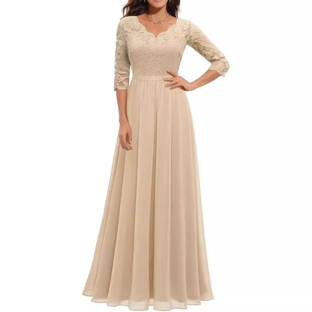 New 6-Color 5-Size Lace Splicing Long Waist-Cinching Elegant Dress Floor-Length V-Neck Polyester Fiber Evening Gown Dress