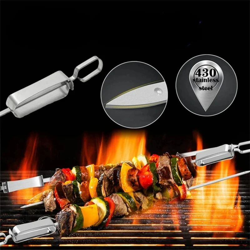 Stainless Steel BBQ Skewers – Flat Metal Kebob Sticks for Grilling Meat Vegetables, with Quick Release Metal Sliding Handle