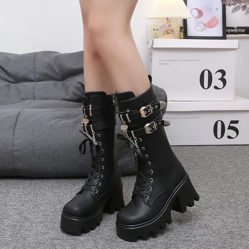 Autumn Women Punk Style Platform Mid-calf Boots Thick Sole Leather Motorcycle Boots 9CM Chunky Metal Buckle Short Boots Woman
