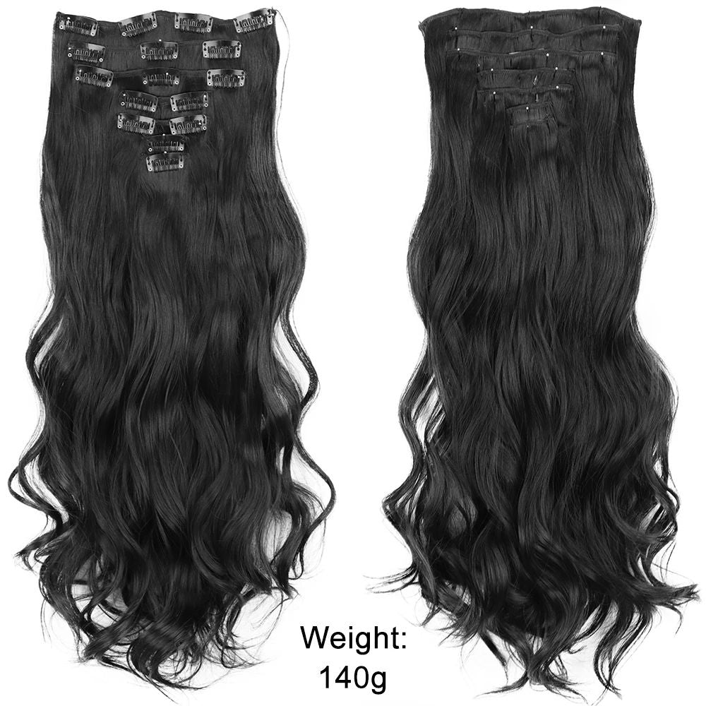 7 peças/conjunto de aplique de cabelo com 16 grampos, preto, longo e liso, cabelo natural, aplique de cabelo ombre, fibra resistente ao calor para penteado feminino