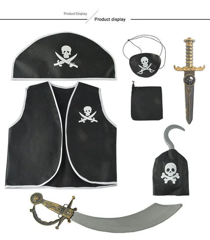Kids Pirate Costume Black Vest with Eyeshade Hat Pirate Hook and Bag Set for Children Boy Halloween Theme Party Cosplay Dress Up
