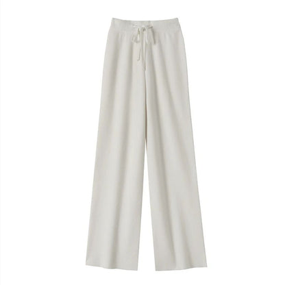 Spring Autumn Women High Waist Wool Wide Leg Pants Solid Soft Warm 100% Merino Wool Knitted Trousers Belt Casual Korean Fashion