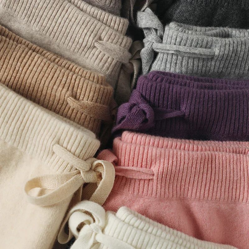 Spring Autumn Women High Waist Wool Wide Leg Pants Solid Soft Warm 100% Merino Wool Knitted Trousers Belt Casual Korean Fashion