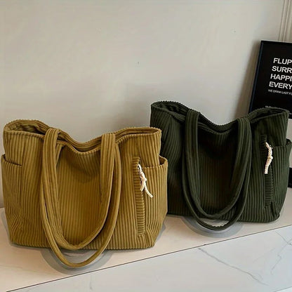 Casual Corduroy Handbag with Zipper Closure Light and Large Capacity Fixed Shoulder Strap Solid Color Daily Commuter Handbag