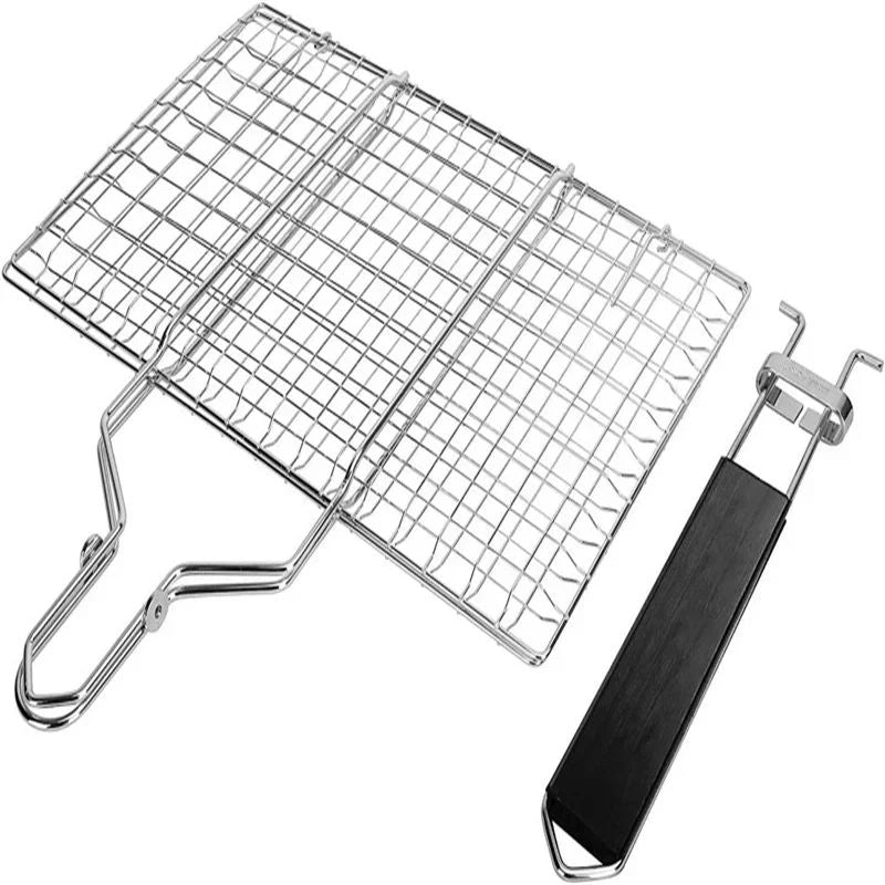 Grill fish basket, collapsible portable stainless steel grill basket with detachable handle and storage bag