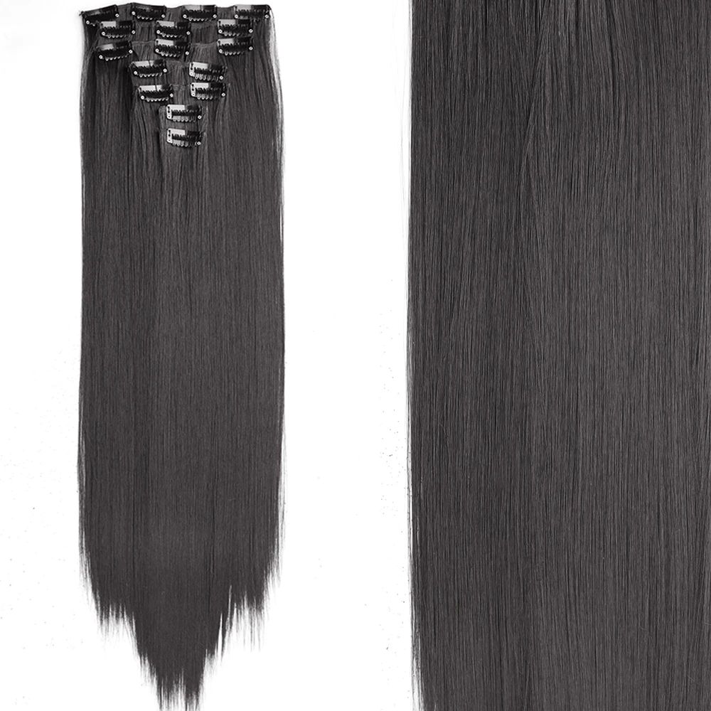 7 peças/conjunto de aplique de cabelo com 16 grampos, preto, longo e liso, cabelo natural, aplique de cabelo ombre, fibra resistente ao calor para penteado feminino