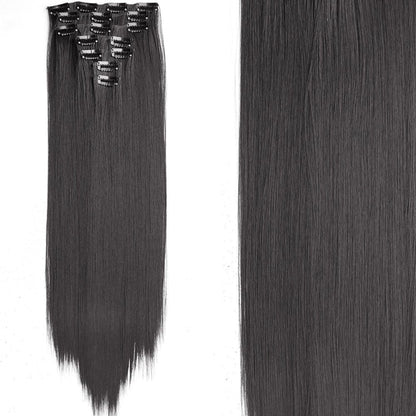 7 peças/conjunto de aplique de cabelo com 16 grampos, preto, longo e liso, cabelo natural, aplique de cabelo ombre, fibra resistente ao calor para penteado feminino