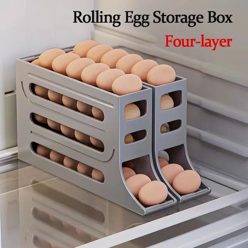 Refrigerator egg storage box, 4 layers, automatic rolling egg rack, kitchen refrigerator egg dispenser, refrigerator storage box
