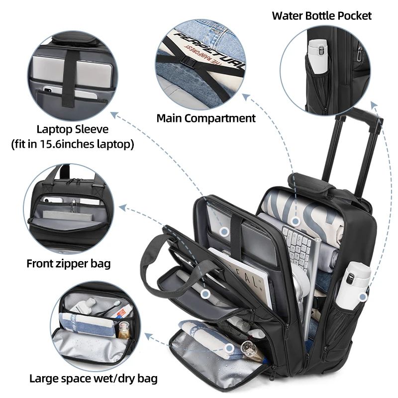 Mochilas de viagem com rodinhas para homens, mochilas executivas, mochila à prova d'água com rodinhas, bagagem de bordo, bolsas de rodinhas para embarque