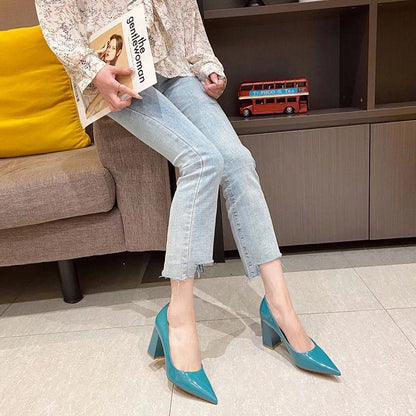 Women Shoes Patent Leather Slip-On Chunky Heels High Heels Women Temperament Pointed Toe Shallow Sexy Wedding Shoes Pumps