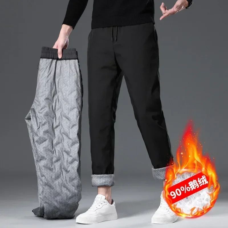 Calça Masculina de Inverno de Pena de Ganso Cintura Elástica Roupa Externa Calça de Pena Casual À Prova de Frio Nova Calça Reta Quente e Engrossada de Inverno