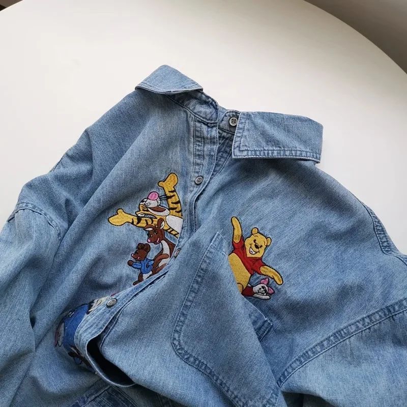 Plus Size 300 Pounds Fat MM Cartoon Embroidery Washed Denim Polo Collar Loose Meat Covering Women's Shirt Autumn Outerwear