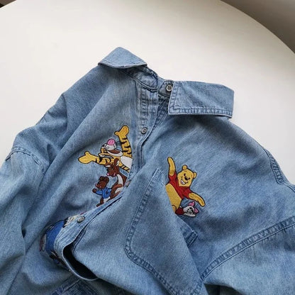 Plus Size 300 Pounds Fat MM Cartoon Embroidery Washed Denim Polo Collar Loose Meat Covering Women's Shirt Autumn Outerwear