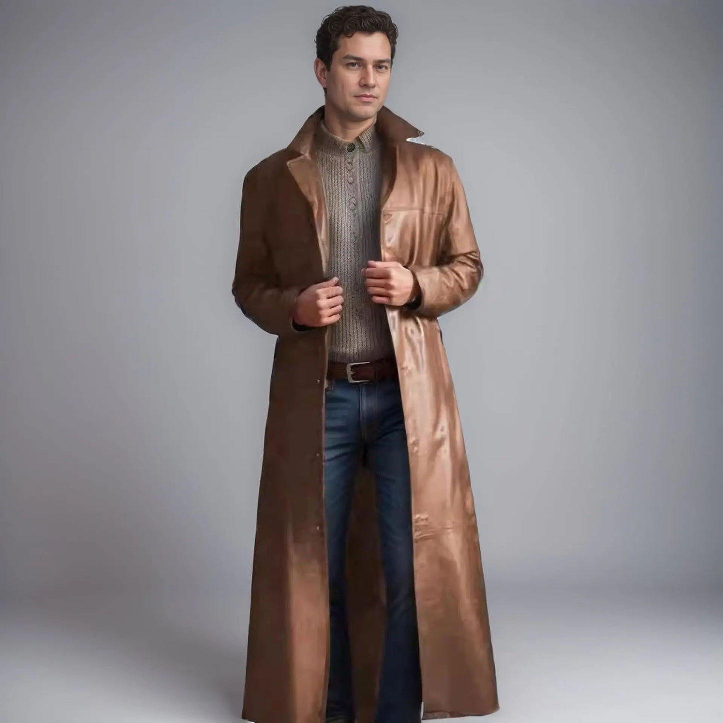 Casual Pure Color Slim Fit PU Leather Long Jacket Men's Coat with Lining Autumn Fashion Quality Outerwear Male Model