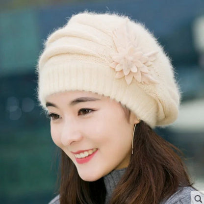 Women's Winter Flower Decorated Hat - Warm Knitted Wool Beanie with Floral Design, Soft Breathable Natural Material for Mom