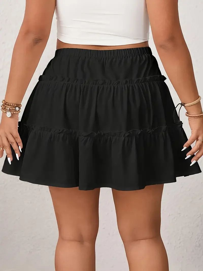 Plus Size 1XL-5XL Spring Women's Casual Elegant Solid Color A-Line Short Skirt Ladies Ruffled Hem Elastic Waistband A-Line Skirt