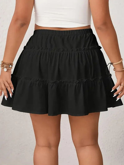 Plus Size 1XL-5XL Spring Women's Casual Elegant Solid Color A-Line Short Skirt Ladies Ruffled Hem Elastic Waistband A-Line Skirt