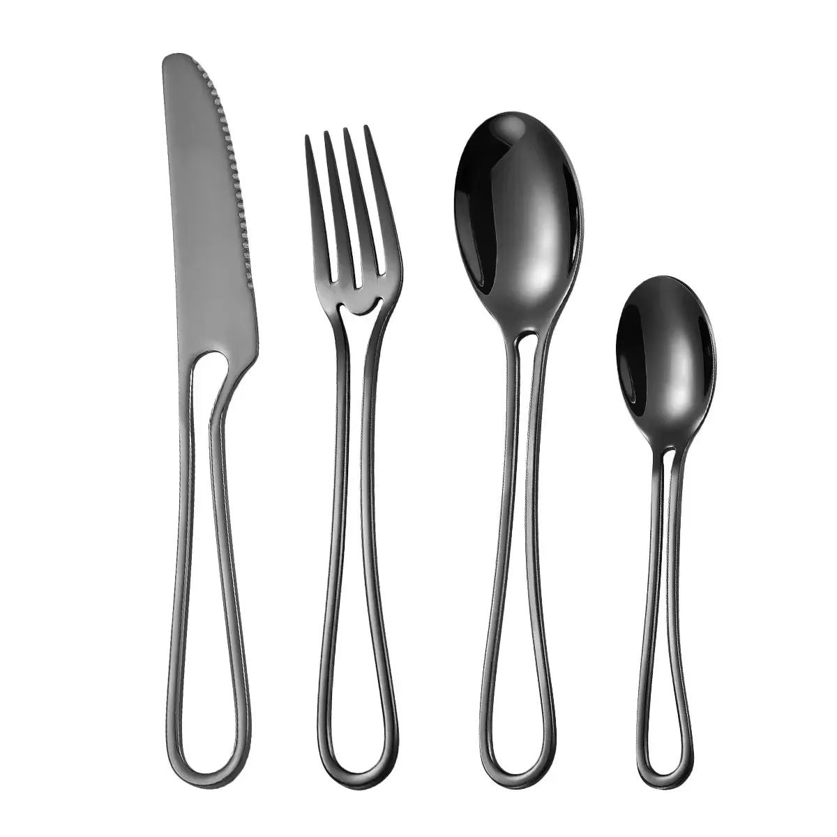 Conjunto de Talheres 4 Peças Aço Inoxidável Louça Cabo Vazado Faca Garfo Colher Jogo de Talheres Ocidentais Prata