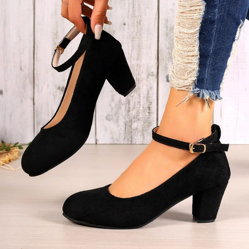 Outono Novo Salto Grosso Feminino Preto Fivela de Uma Linha Boca Raso Sapato Único Feminino Camurça Tamanho Grande Sapatos de Trabalho