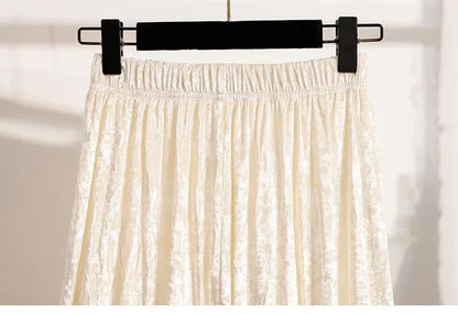 Autumn Winter Girls New A-line Velvet Skirt 2025 Plus Size Gold Velvet Half Pleated Skirt Solid Versatile High Waist Mid Skirt