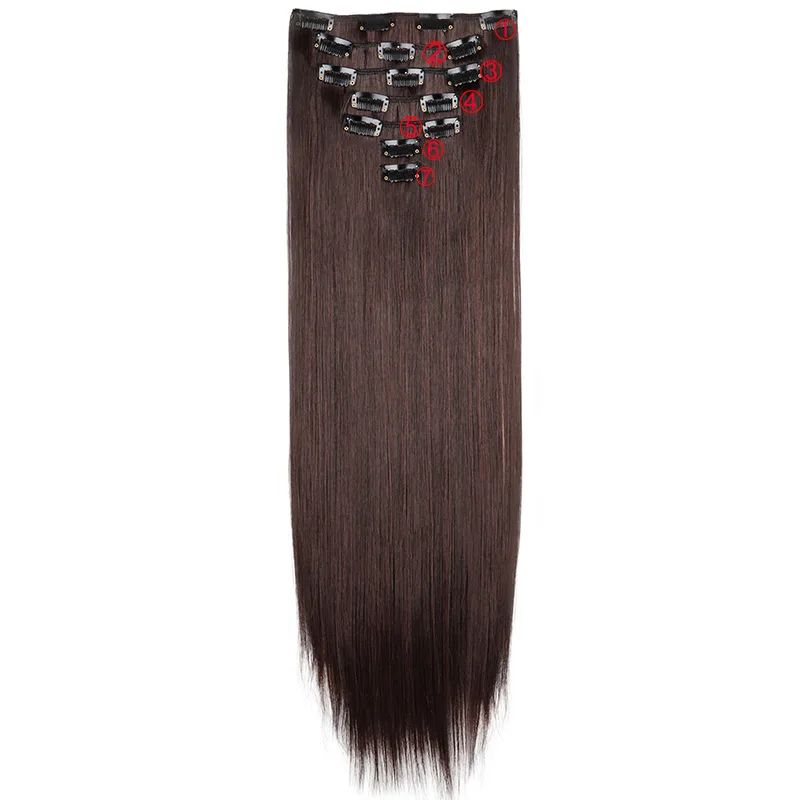 Extensão de cabelo liso longo sintético de 24 polegadas 7pçs/conjunto 16 clipes Penteado Preto Loiro Peruca para mulheres 2026