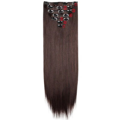 Extensão de cabelo liso longo sintético de 24 polegadas 7pçs/conjunto 16 clipes Penteado Preto Loiro Peruca para mulheres 2026