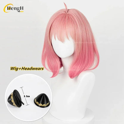 Pronta Entrega Anya Forger Peruca Sintética Anime Curta 37cm Rosa Gradiente Perucas de Cosplay Com Acessórios de Cabelo Resistente ao Calor Perucas de Halloween