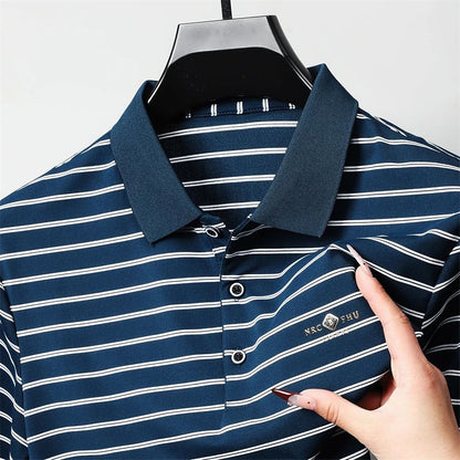 Men's Casual and Fashionable Striped Short Sleeved Polo Shirt Summer Comfortable Sweat Absorbing Breathable and Versatile Top