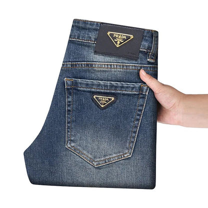 Milão Qualidade Premium Europeia Outono/Inverno Calças Jeans Masculinas Emagrecem Sua Silhueta Solta Reta Elástica Vintage