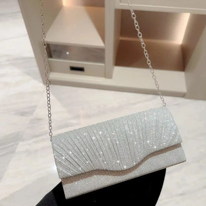 Glitter Ladies Silver Clutch Bag Envelope Evening Bag Fashion Elegant Long Purse Women Chain Shoulder Bags Wedding Party Handbag