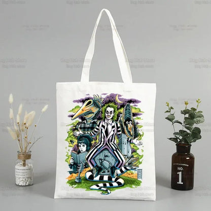 Beetlejuice Horror Gift Shopping Bag Print Original Design White Unisex Fashion Travel Canvas Bags