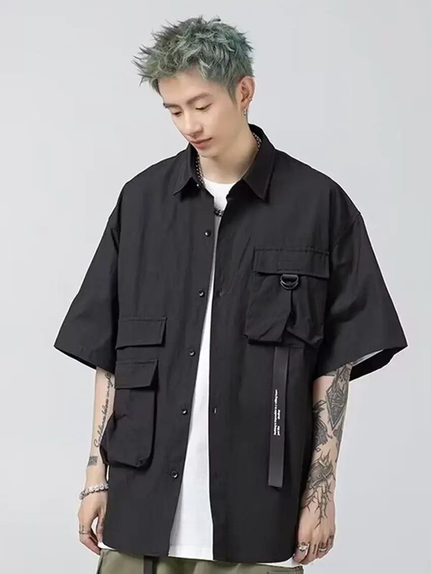 Stylish Y2k Men's Shirts Summer Korean Cargo Shirts for Men Black Multi-Pocket Hip Hop Men Clothing Punk Gothic Streetwear