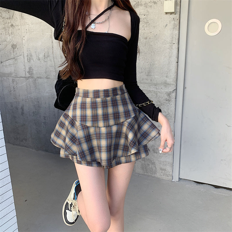 Tiered Mini Skirt Y2K High Waist Tartan Ruffled Plaid Skirt Skort Women Aesthetic Outfit
