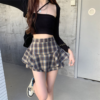 Tiered Mini Skirt Y2K High Waist Tartan Ruffled Plaid Skirt Skort Women Aesthetic Outfit