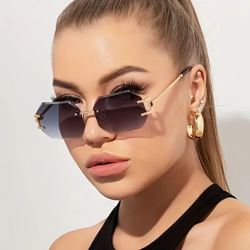 Vintage Rimless Sunglasses Women Men Brand Designer Polygon Sun Glasses Female Trendy Rectangle Cutting Len Shades Eyewear UV400