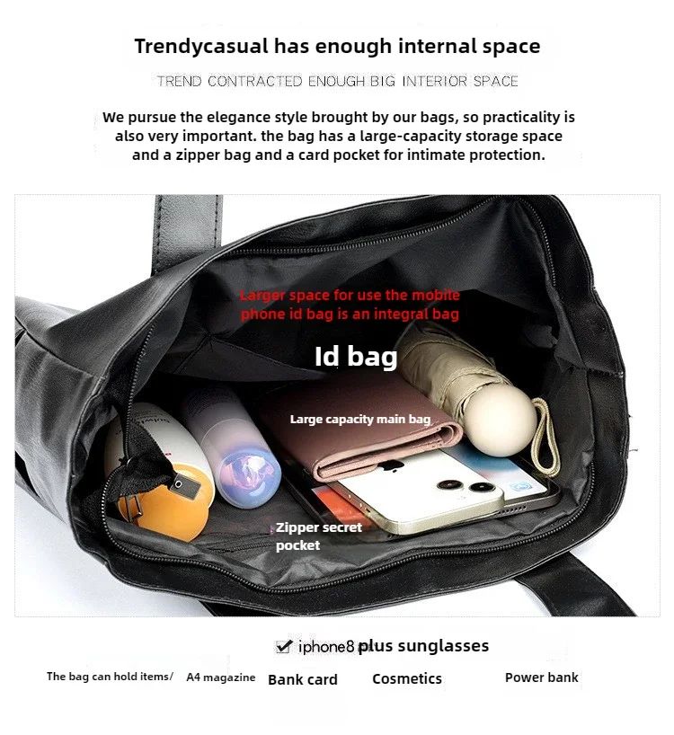 Female Big Soft Leather Satchel Bag Classic Solid Color Simple Casual Large Capacity Tote Single Shoulder Bag Purses and Handbag