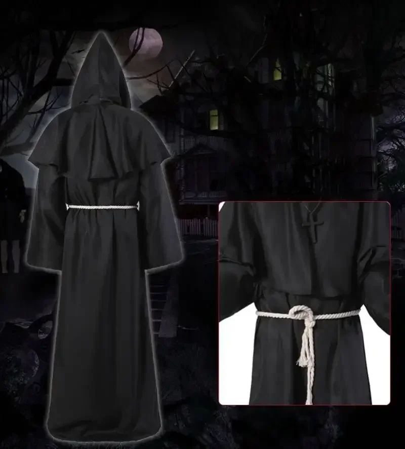 Retro Priest Robe Halloween Cosplay Costume Wizard Fancy Punk Cloak Mask Medieval Monk Robe Hooded Monk Cowl