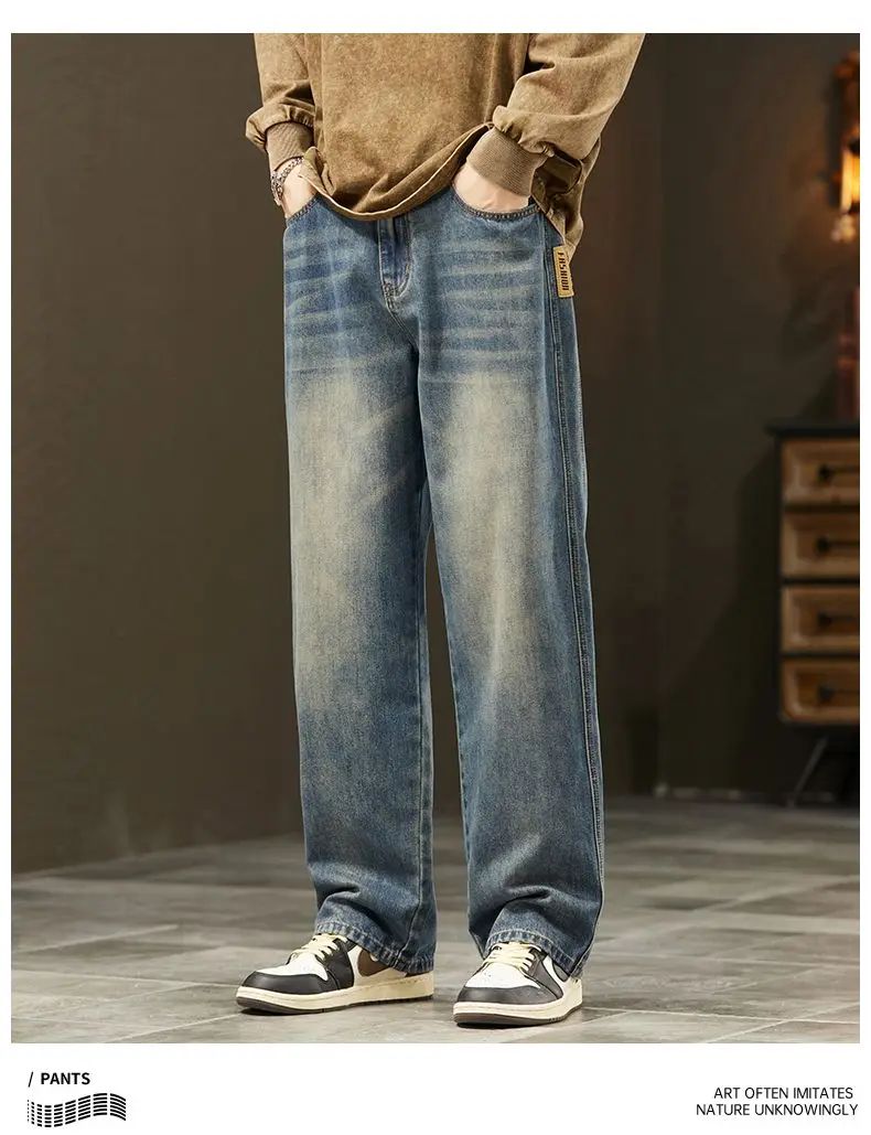 Streetwear Vintage Jeans Men's New Personality Thin Fashion Personalized Loose Trousers Casual Straight Wide Denim Pants Male