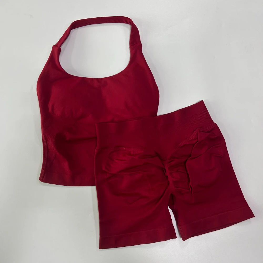 Yoga 2 Pieces Gym Set Women Backless Halter Tops High Waist Seamless Shorts Gym Suit Fitness Sports Bras Sportswear Workout Sets